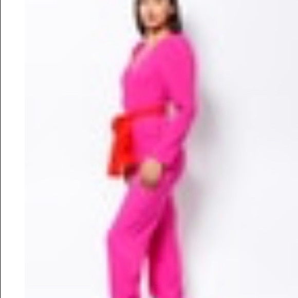 Hot Pink Long Balloon Sleeve V-neck Pant Jumpsuit - Picture 4 of 4